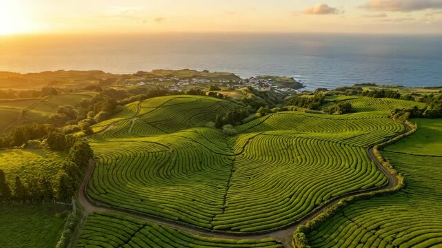 aerial drone view of lush tea fields in maia azores at sunset video