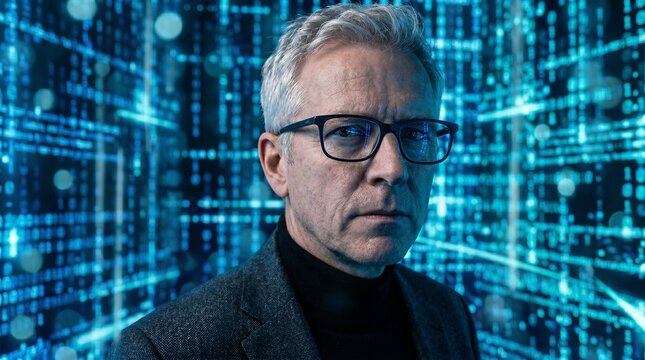 Serious middle aged man with glasses looking at the camera with a background of glowing blue digital data streams and binary code