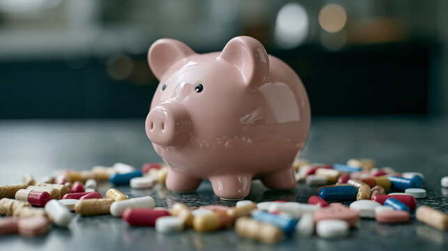 Piggy Bank Surrounded by Pills: A pink piggy bank sits amidst a scattered collection of colorful pills and capsules, symbolizing the rising cost of healthcare and medication expenses.