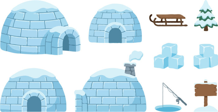 Winter igloo vector collection featuring ice brick houses wooden sled ice cubes pine tree fishing rod and signpost on white background
