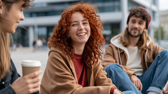 Friends Chatting Outdoors: A group of young adults with varied hair colors and styles share a lighthearted moment outdoors, one holding a coffee cup and smiling warmly.