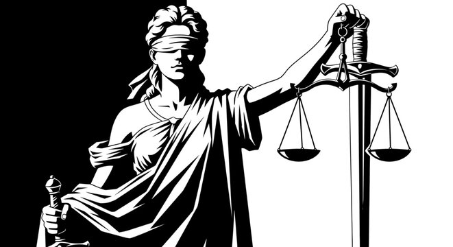 Black and white illustration of Lady Justice holding scales and a sword.