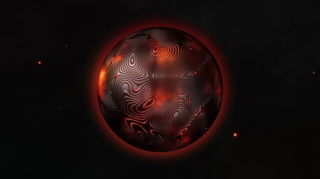 Neon glowing abstract sphere animation, futuristic red contour line surface, black digital technology background, particles motion graphic, 4k, 60 fps, HUD, loop