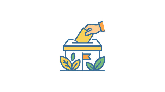 Hand casting vote into ballot box with plants, election concept