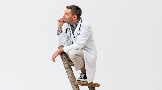 Male doctor sitting on wooden ladder in pensive thinking pose