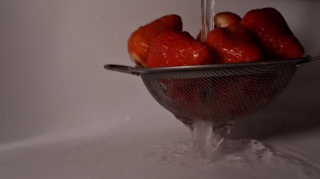 Ripe, small, bright fruits of home-grown, hand-picked strawberries are washed in a kitchen broom colander under running water