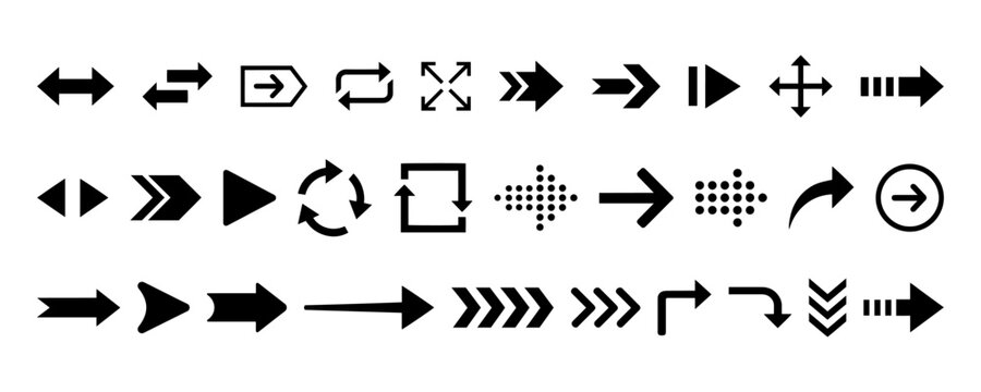 Flat cursor and arrow icons. Arrow element set. Black arrow pointer icon set.