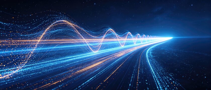 Futuristic blue and orange digital waveform with glowing particle streams and data transmission lines, idea for advanced communication technology