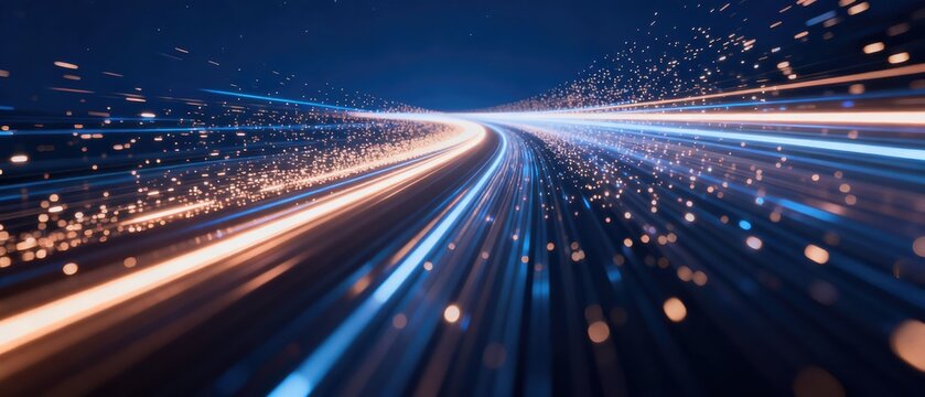 High speed digital light trails and particle motion creating futuristic data transmission pathway, idea for network performance concept