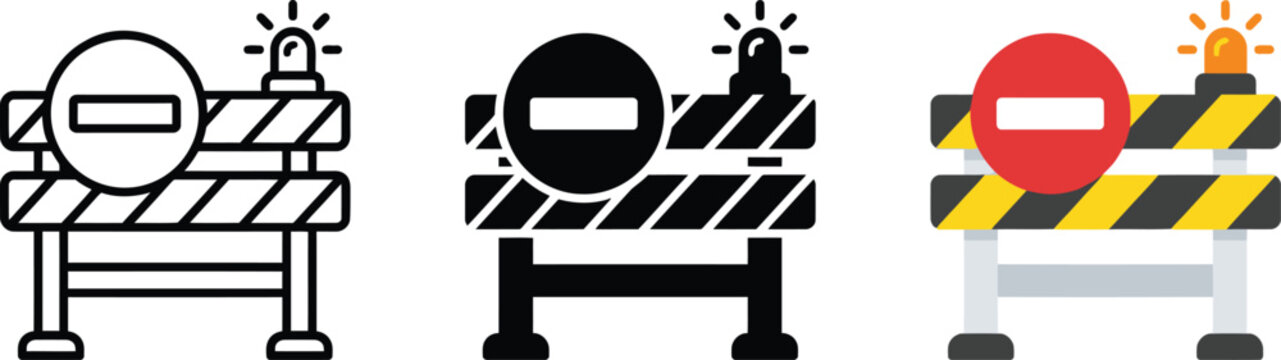 Road barrier icon set, construction site barricade with warning light and no entry sign
