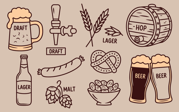 A set of beer related icons including a mug, bottle, tap, barrel, and food on a beige background with black and orange illustrations