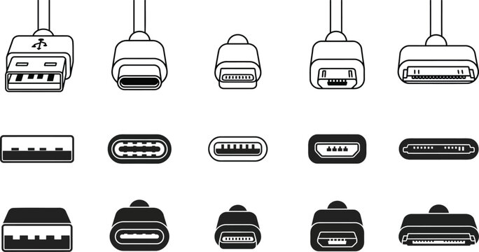 Set of different types of usb and electronic device charging cables and port connectors