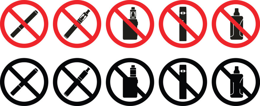 Set of no smoking and no vaping signs, prohibition symbols for cigarettes and electronic devices