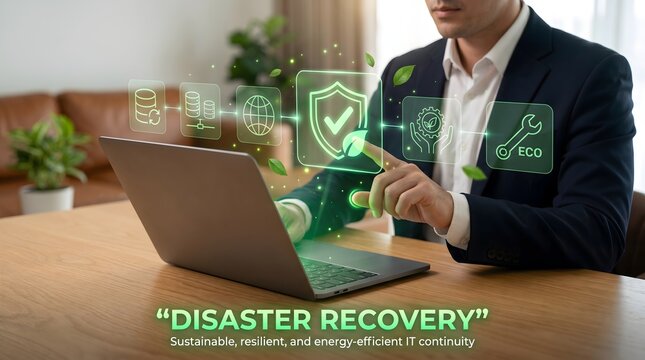 Businessman Managing Energy Efficient IT Disaster Recovery System on Laptop