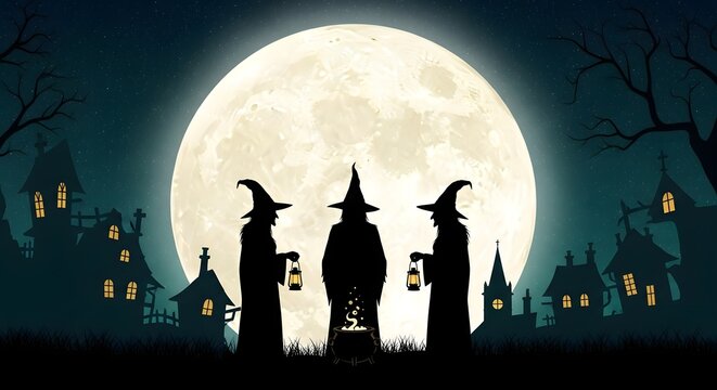 Silhouettes of three witches with lanterns and a bubbling cauldron under a large full moon in a spooky village at night