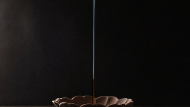 A nearly burned incense stick with a thin, straight line of rising smoke.