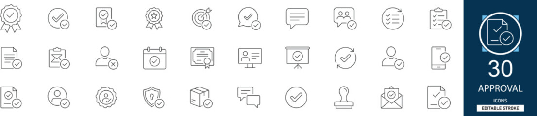 Approval line icon set with 30 icons check mark, verification, authorized, confirmed, stamp, signature, success, agreement. Clean linear vector, editable stroke for business. © Minimal Stroke