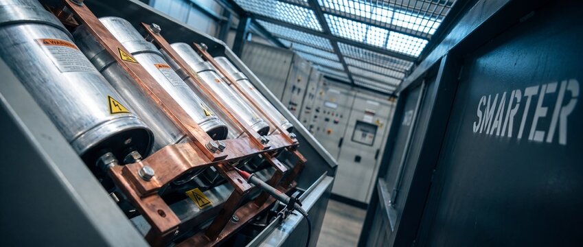 Industrial electrical equipment power substation room with copper busbars and high voltage cylinder components installed in factory facility for energy distribution, grid safety, and efficiency.
