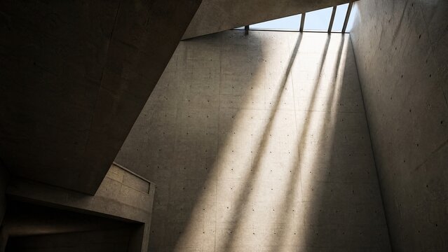 A monumental geometric concrete light well with sharp beams of sunlight.