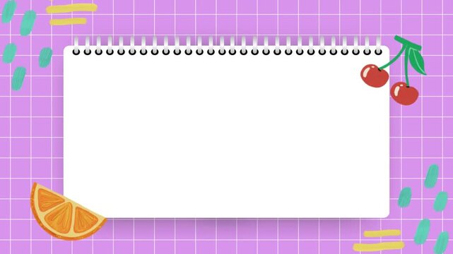 Animated cute spiral notebook template with fruit doodles on purple grid background for messages notes or planning animation loop