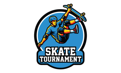 Obraz premium Skateboarder Performing Trick for Skate Tournament Logo Emblem