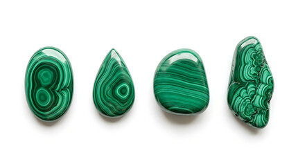 Naklejka premium Four Polished Natural Malachite Green Gemstones Isolated on a Pure White Background