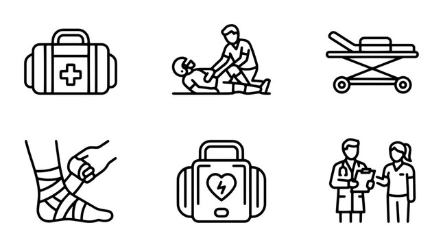 Medical Emergency Icons: First Aid Kit, CPR, Stretcher, Bandage, AED, Doctors, Healthcare Vector Set