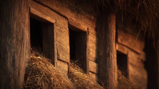 A close-up view of wooden windows with straw peeking through, showcasing rustic craftsmanship