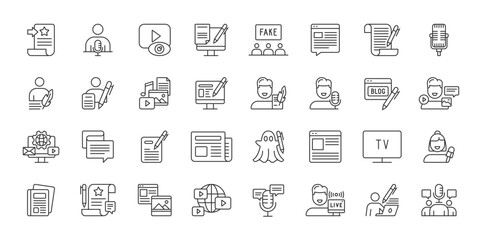 Naklejka na ściany i meble Journalism News Media icons in line design. journalism, news, media, reporter, newspaper, communication, broadcast on white background vector. Journalism News Media editable stroke icon