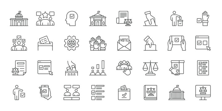 Election Voting Politics icons in line design. election, voting, politics, ballot, democracy, government, campaign on white background vector. Election Voting Politics editable stroke icon