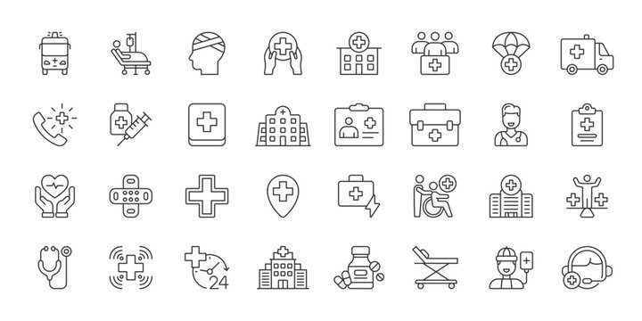 Emergency Medical Services icons in line design. emergency, medical, ambulance, healthcare, rescue, first aid, hospital on white background vector. Emergency Medical Services editable stroke icon
