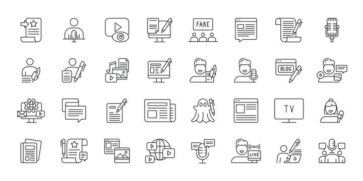 Journalism News Media icons in line design. journalism, news, media, reporter, newspaper, communication, broadcast on white background vector. Journalism News Media editable stroke icon