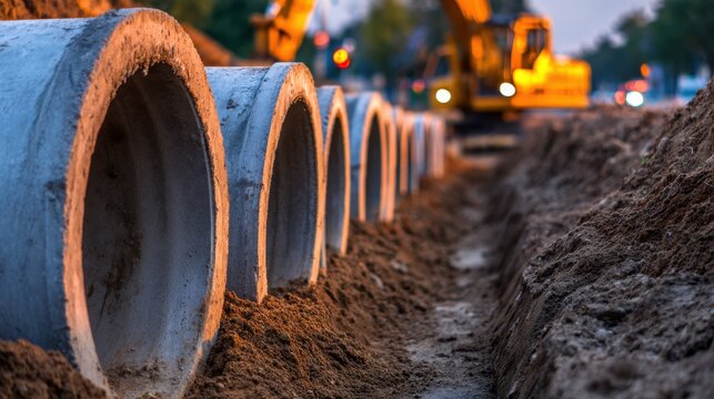Construction site with concrete pipes lined in a trench during twilight, indicating ongoing work
