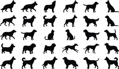 Dog breeds silhouette collection featuring various isolated vector canine shapes side view profiles and sitting poses for pet design © MdAbdur
