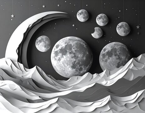 Artistic papercraft moonscape illustration with celestial bodies and stars