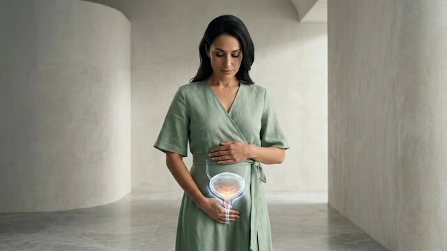 Female bladder discomfort: urinary system, bladder incontinence, pelvic floor, leakage problem, woman health, body anatomy, diagnose condition, medical care.