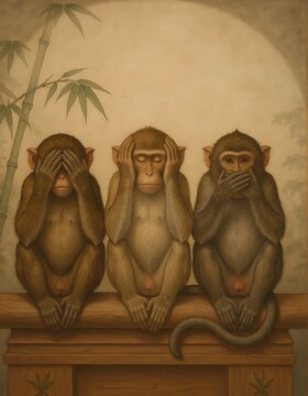 Three Wise Monkeys Artwork with Bamboo Background.