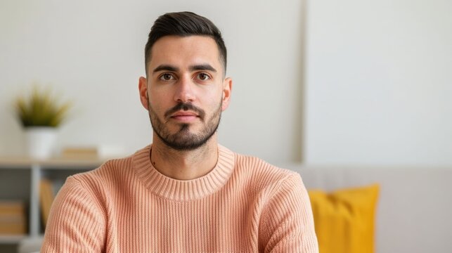A focused young man with a beard wears a textured peach sweater posing for a portrait in a modern minimalist home environment with soft lighting