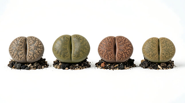 Row of Four Diverse Succulent Lithops Living Stones Isolated on White Background