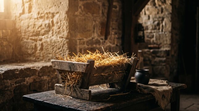Rustic wooden manger filled with straw in a dimly lit stone stable with sunlight streaming through a window.