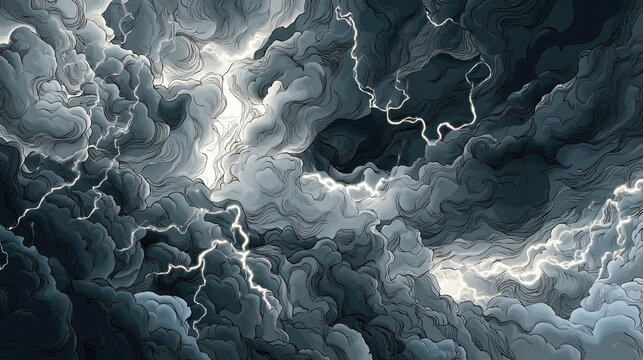 Dramatic dark storm clouds with lightning and intense swirling weather patterns over stormy sky