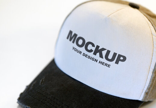 Distressed Trucker Hat Mockup Close Up on White Background