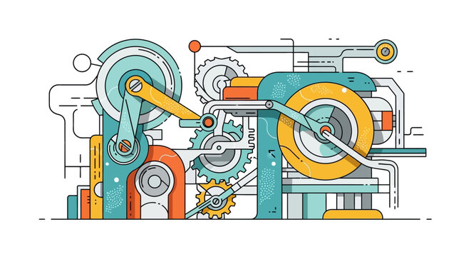 Intricate mechanical system illustration with gears and wheels, detailed and colorful artwork
