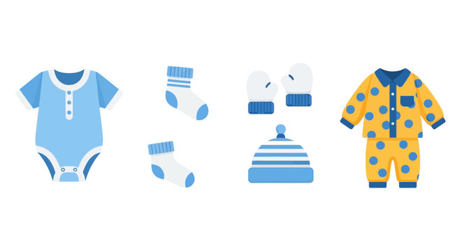 Collection of blue and yellow baby clothes and accessories for infants.