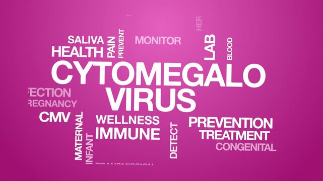 Cytomegalovirus CMV concept Animated Tag Word Cloud kinetic typography, Text Design Animation typography seamless loop video motion graphics Intro Wordart arrangement pink background bg backdrop
