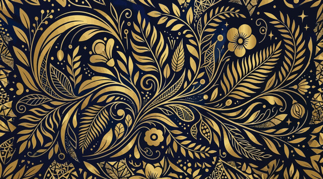 Elegant gold floral pattern on dark blue background