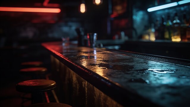 Empty bar counter with wet surface in dark club. Nightlife interior with neon red and blue light reflection on wooden table. Pub atmosphere for social gathering and relaxation concept.