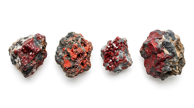 Four Samples of Raw Cinnabar Ore Mineral Specimens Isolated on a White Background