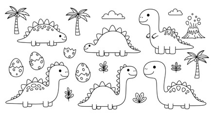 Cute Cartoon Dinosaurs and Prehistoric Elements for Childrens Coloring Book. © dada