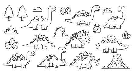 Cute Hand-Drawn Dinosaur Outlines for Childrens Coloring Book Activities. © dada